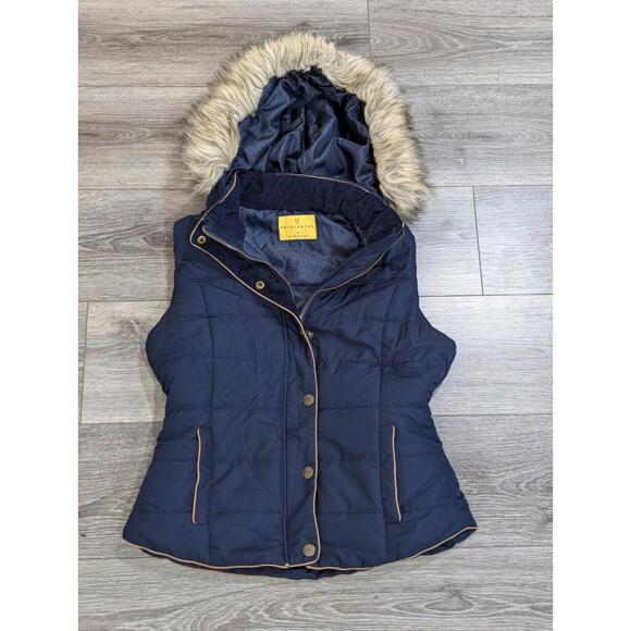 Prince & Fox Womens Quilted Hooded Vest L Blue Faux Fur Trim Sleeveless Puffer - Picture 1 of 5